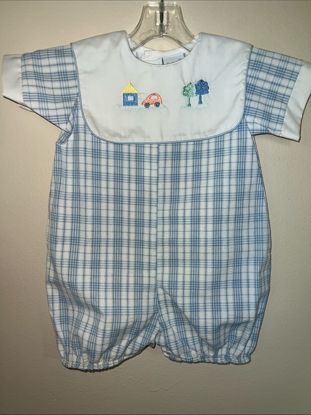 Vintage Alexis White Baby Romper with Blue & Green Embroidered Trees